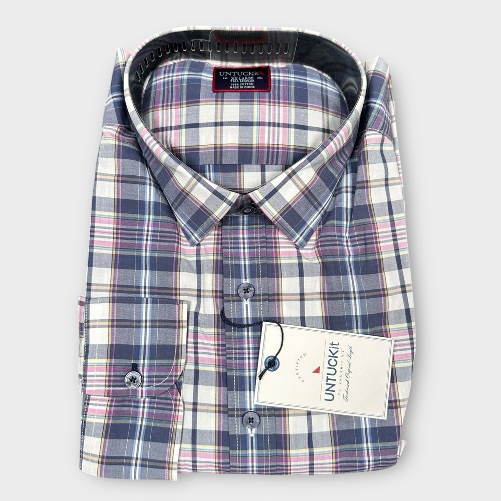 UNTUCKit Shirt Men 2XLT Billecart Blue Pink Plaid Long Sleeve Reg‎ Fit Cotton